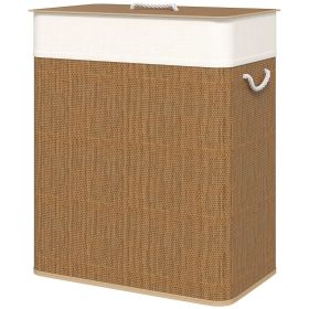 HOMCOM Double Laundry Basket with Lid, 26.4 Gallon Bamboo Laundry Hamper with Rope Handles and Removable Liner, Brown
