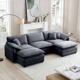 Oversized modular cushioned sofa with conversible ottoman, 3-seater sofa with 2 footstools, U shape sofa inGrey corduroy fabric