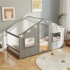 Twin-Size Kids House Gray Floor Bed- 82"x42"x51" Size, LED Light Strip (8 Warm-Glow Bulbs) for Cozy Atmosphere