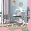 Height Adjustable Kids Desk and Chair Set for Writing Drawing w/ Tilt Desktop, Storage Drawer and Reading Rack, Gray