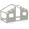 Twin-Size Kids House Gray Floor Bed- 82"x42"x51" Size, LED Light Strip (8 Warm-Glow Bulbs) for Cozy Atmosphere