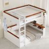 Queen Size Wooden Bunk Bed with Built-in Shelves,Storage Box,LED Light and USB Charging Station,White(ETA:6/30)