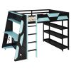 Full Size Gaming Loft Bed with Desk, Shelves & LED Lights, Black+Blue