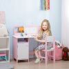 Toddler Table and Chair Set, Kids Writing Desk Homework Table with Whiteboard, Storage Cabinet, Pink