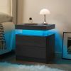 Nightstand LED Bedside Table Cabinet Lights Modern End Side with 2 Drawers for Bedroom (Black Woodgrain)