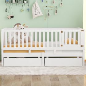 Twin Size Wood Daybed with Fence Guardrails and 2 Drawers, Split into Independent Floor Bed & Daybed (Color: White)