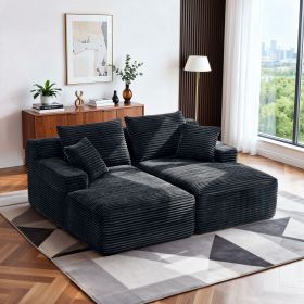 Oversized Double Chaise Lounge Corduroy Upholstered Boneless Couch Cloud Deep Seat Sofa (Color: BlackD01007HH3KT)