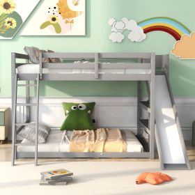 Full over Full Bunk Bed with Ladder, Slide and Shelves (Color: Gray)