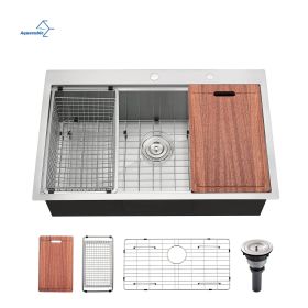 Aqucubic Gunmetal black handmade 16/18 Gauge 304 Stainless Steel Top Mount Single Bowl Kitchen Sink with ledge (Thickness: 18 Gauge, size: 33*22 inch)