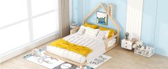 Full Size Wood Floor Bed with House-shaped Headboard